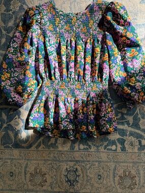 Pleione Green Floral Smocked Top with Purple & Yellow Blooms